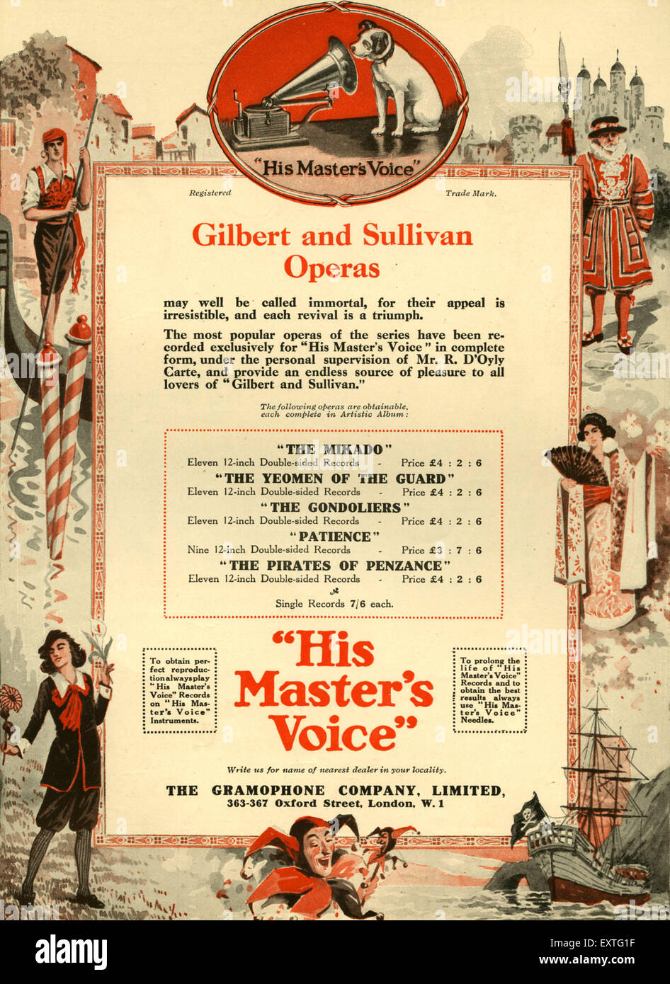 1920s UK HMV,  The Gramaphone Company, Gilbert and Sullivan Magazine Advert Stock Photo