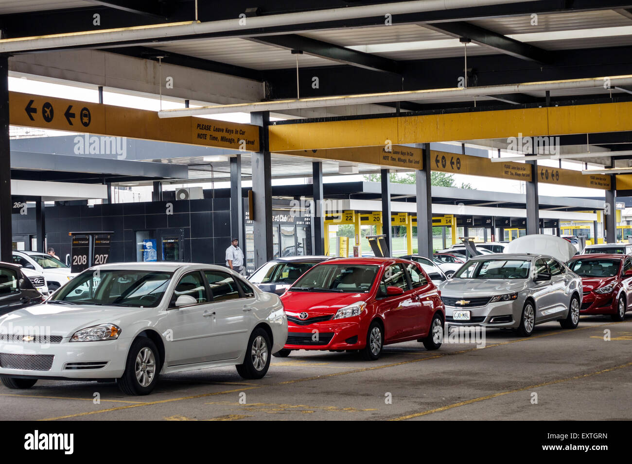 Saint St. Louis Missouri,Lambert-St. Louis International Airport,STL,car rental,car hire,return lot,Hertz Corporation,Chevy,Chevrolet,auto,red,white,M Stock Photo