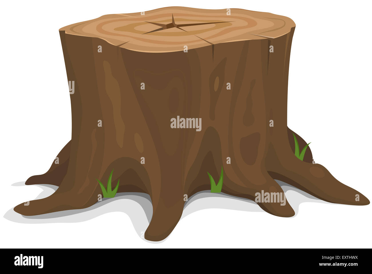 Illustration of a cartoon big tree stump with roots and some blades of ...