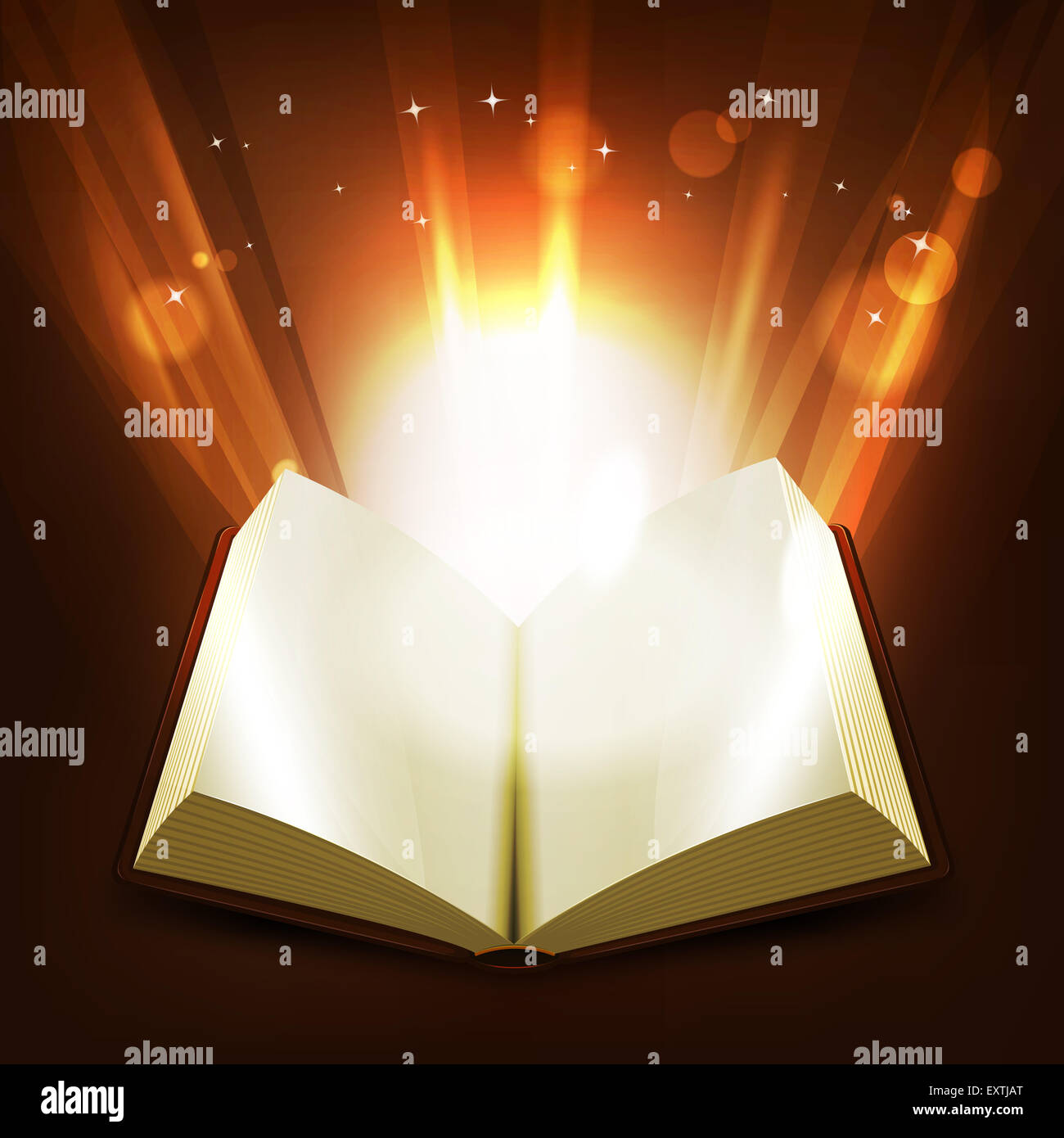 Illustration of an opened book illuminating with light rays and shiny