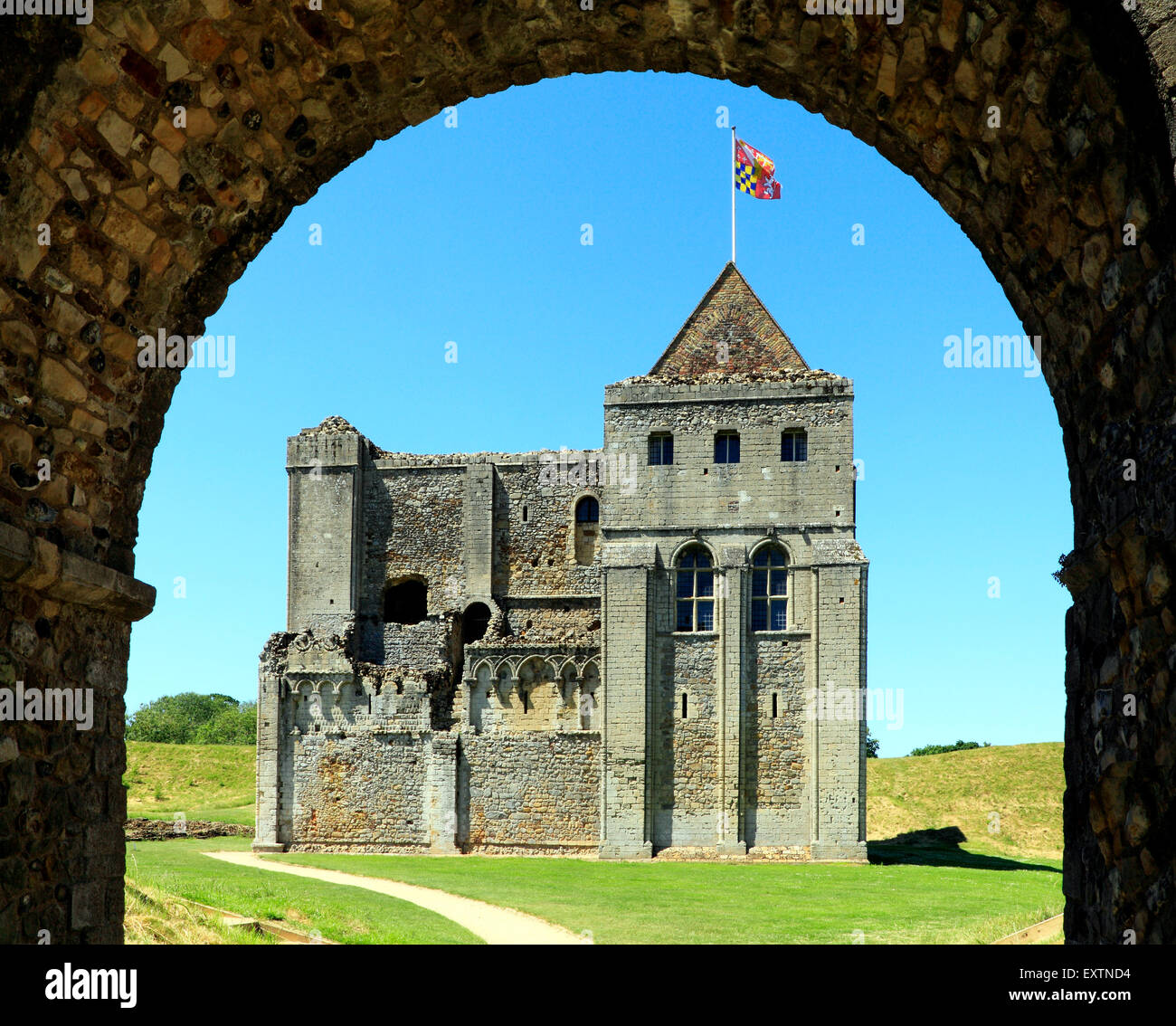 Castle Rising Castle through arch, 12th century Norman keep, Norfolk England UK English medieval castles Stock Photo