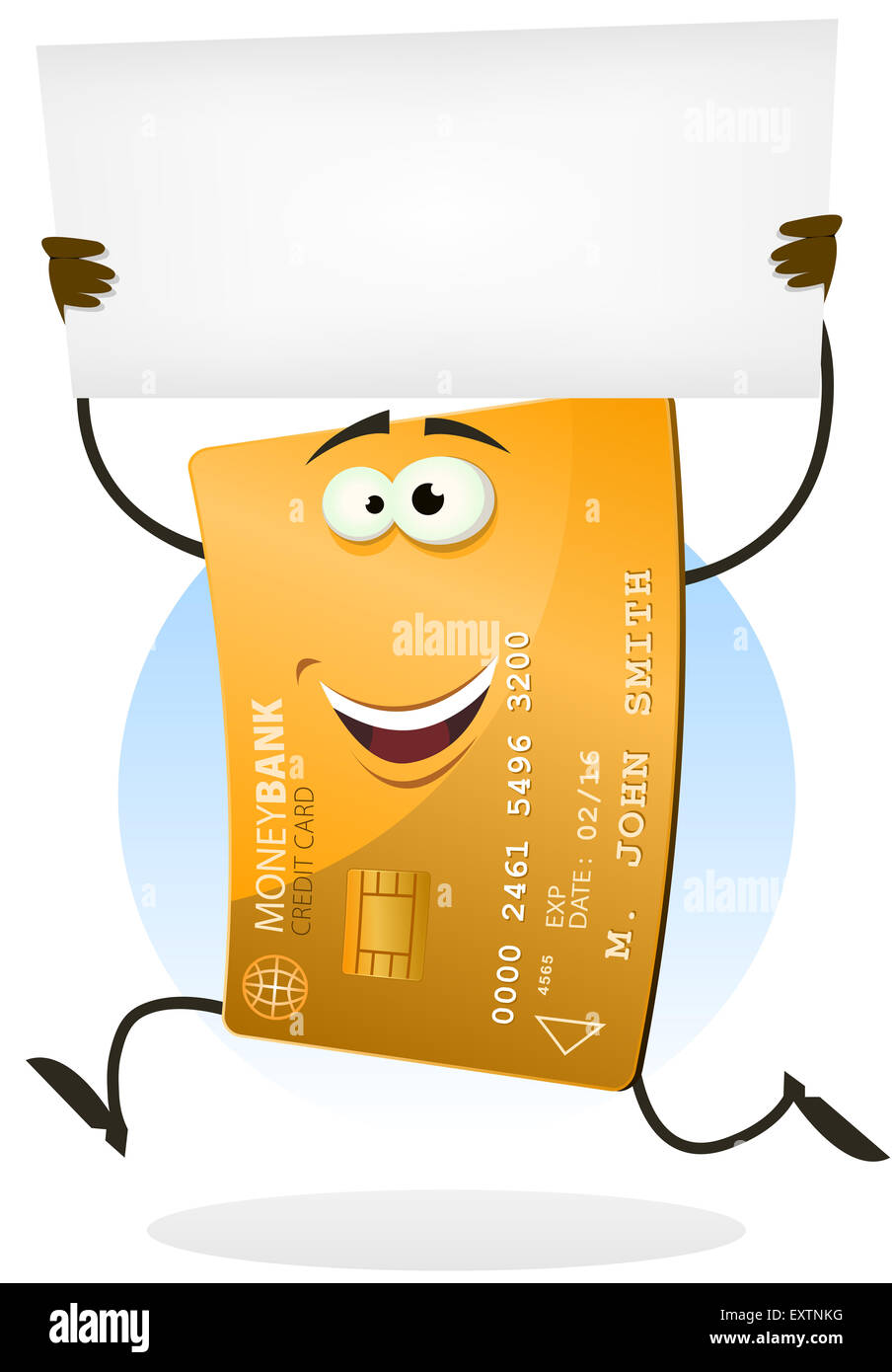 Illustration of a cartoon happy funny golden international business credit card character running Stock Photo