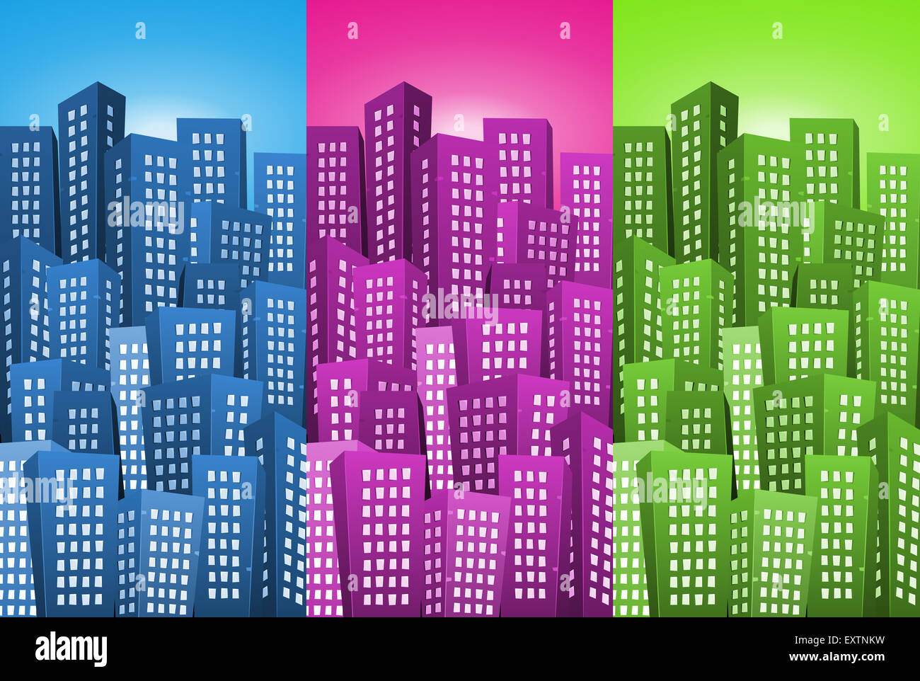 Illustration of a set of cartoon high cityscape backgrounds with blue, pink and green colors Stock Photo