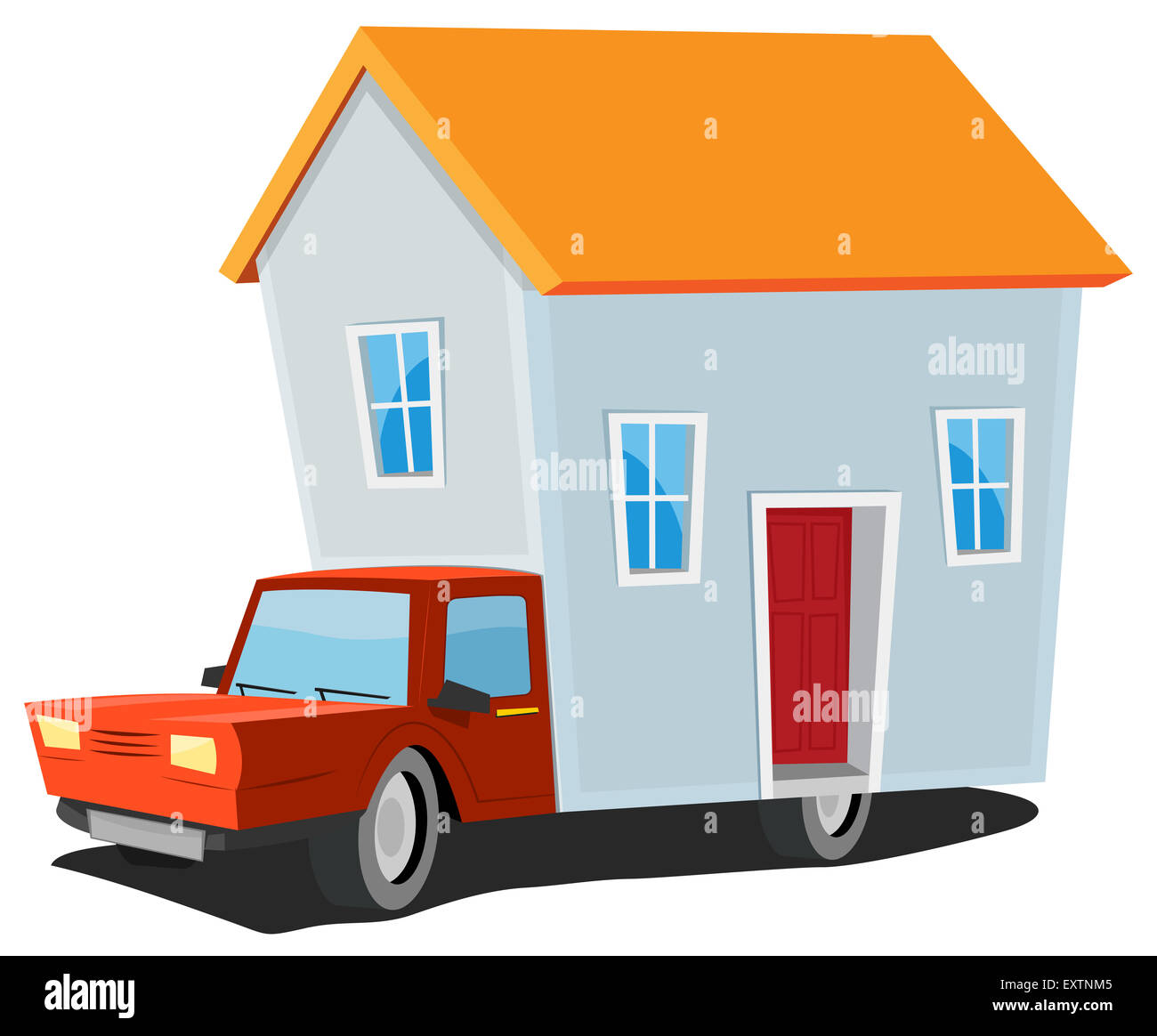 Illustration of a cartoon mobile home concept with truck carrying small