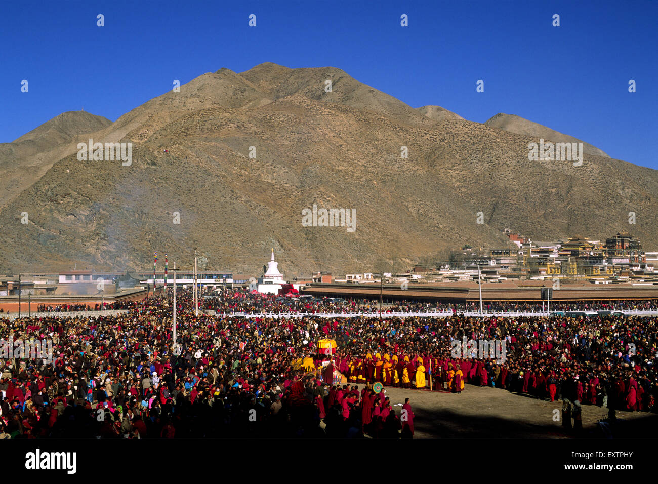china, tibet, gansu province, xiahé, labrang monastery, tibetan new year's day, the big thangka ceremony Stock Photo