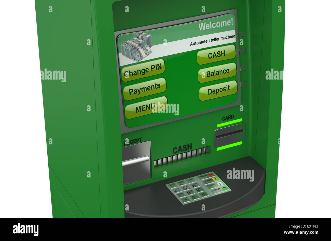 Cash machine closeup isolated on white background Stock Photo