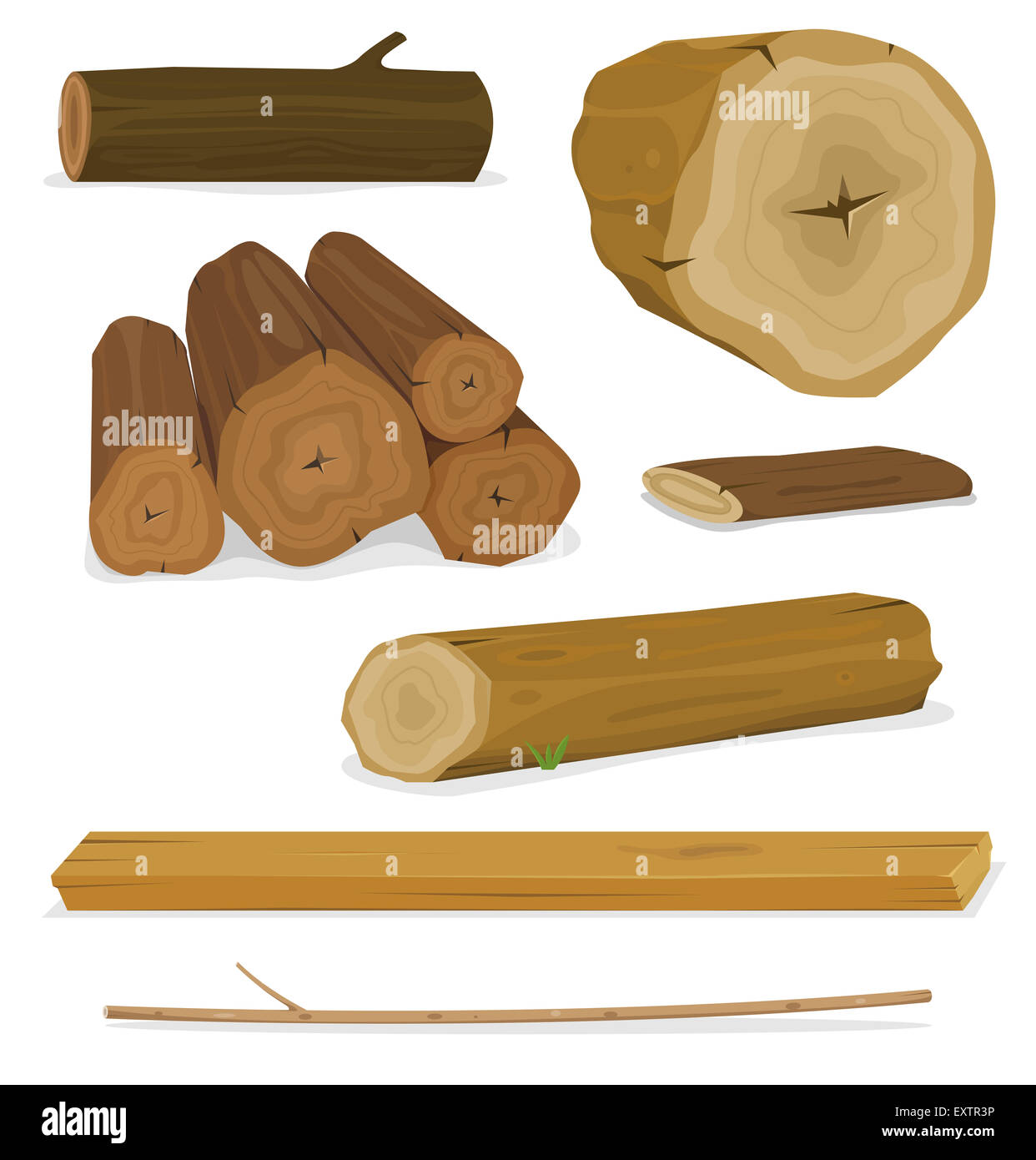 Illustration of a set of cartoon wood material logs, planks, shelves, twigs and trunks Stock Photo