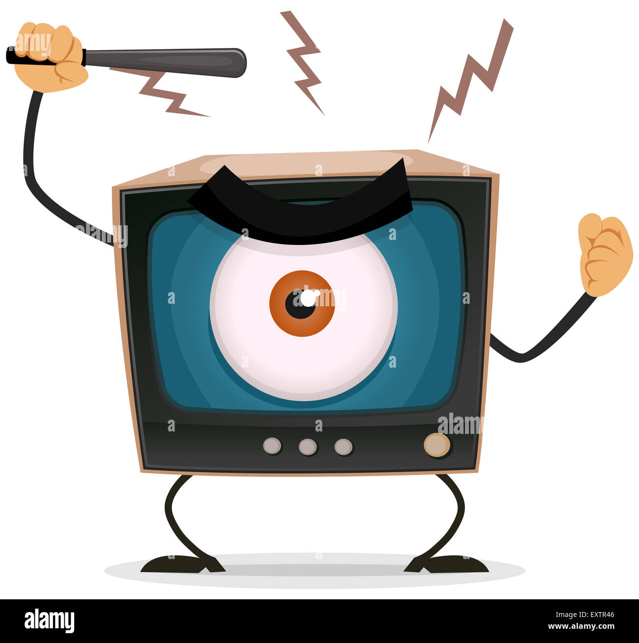 Illustration of a cartoon angry retro tv character with big brother eye watching and holding nightstick to hit your brain Stock Photo