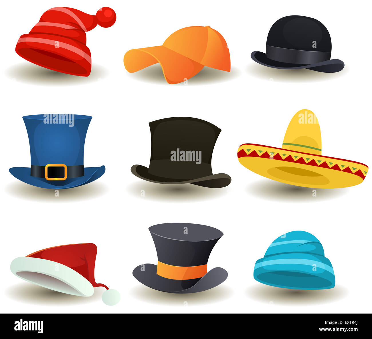 Illustration of a set of cartoon top or derby hats, baseball sport winter caps, sombreros and other headwear clothes equipment Stock Photo