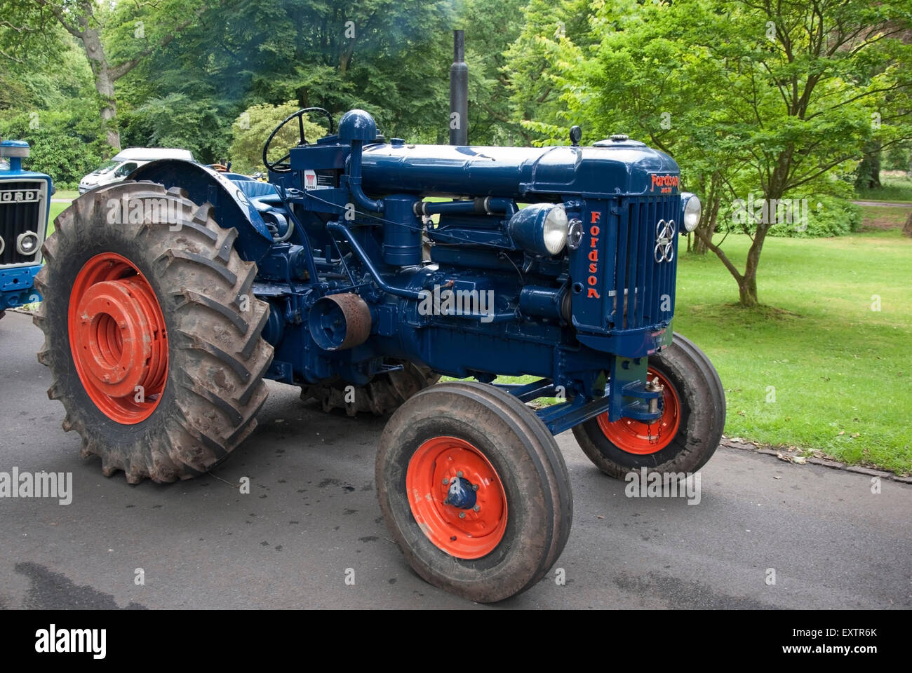 Blue fordson e27n vintage farm tractor hires stock photography and