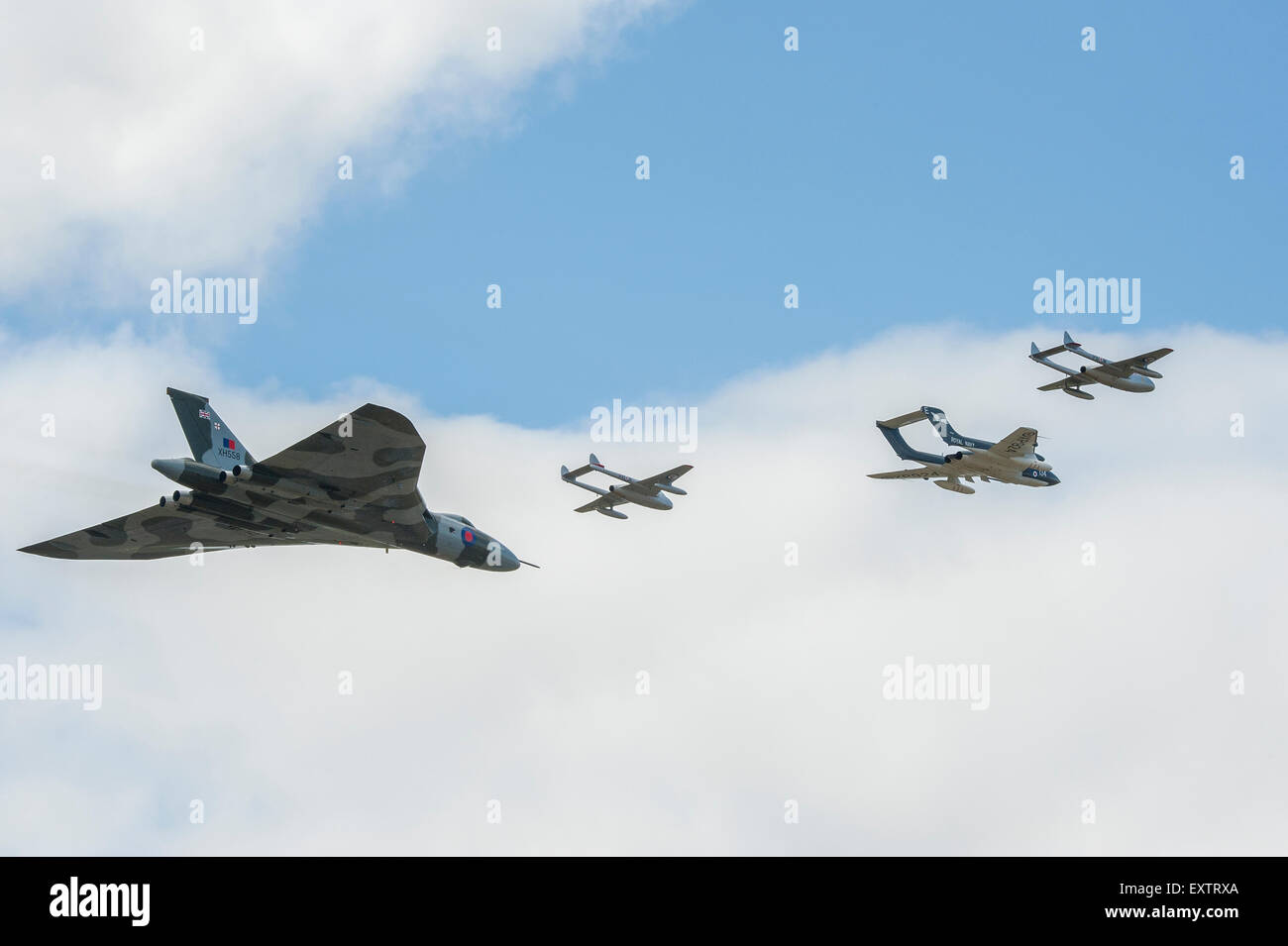 Vulcan bomber B2, Sea Vixen FAW2 and Vampire FB52 fly in formation Stock Photo