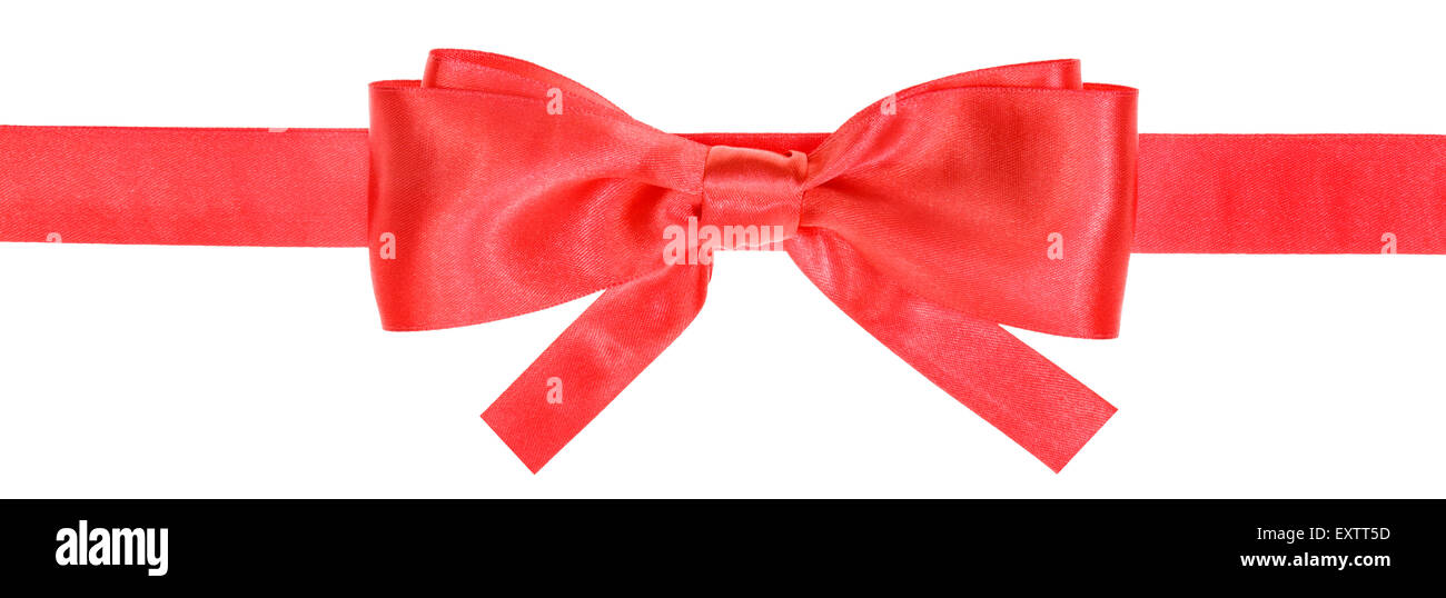 narrow red satin ribbon with real bow with square cut ends isolated on ...