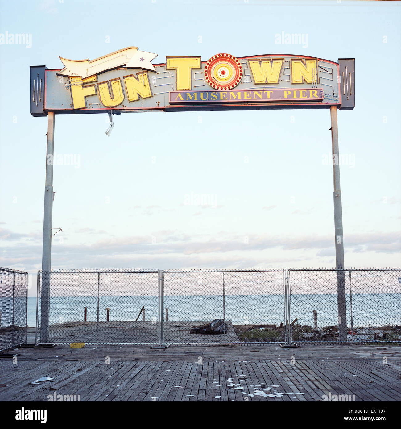 Fun Town Pier sign on destroyed boardwalk on August 14, 2013 in Seaside Heights New Jersey. Stock Photo