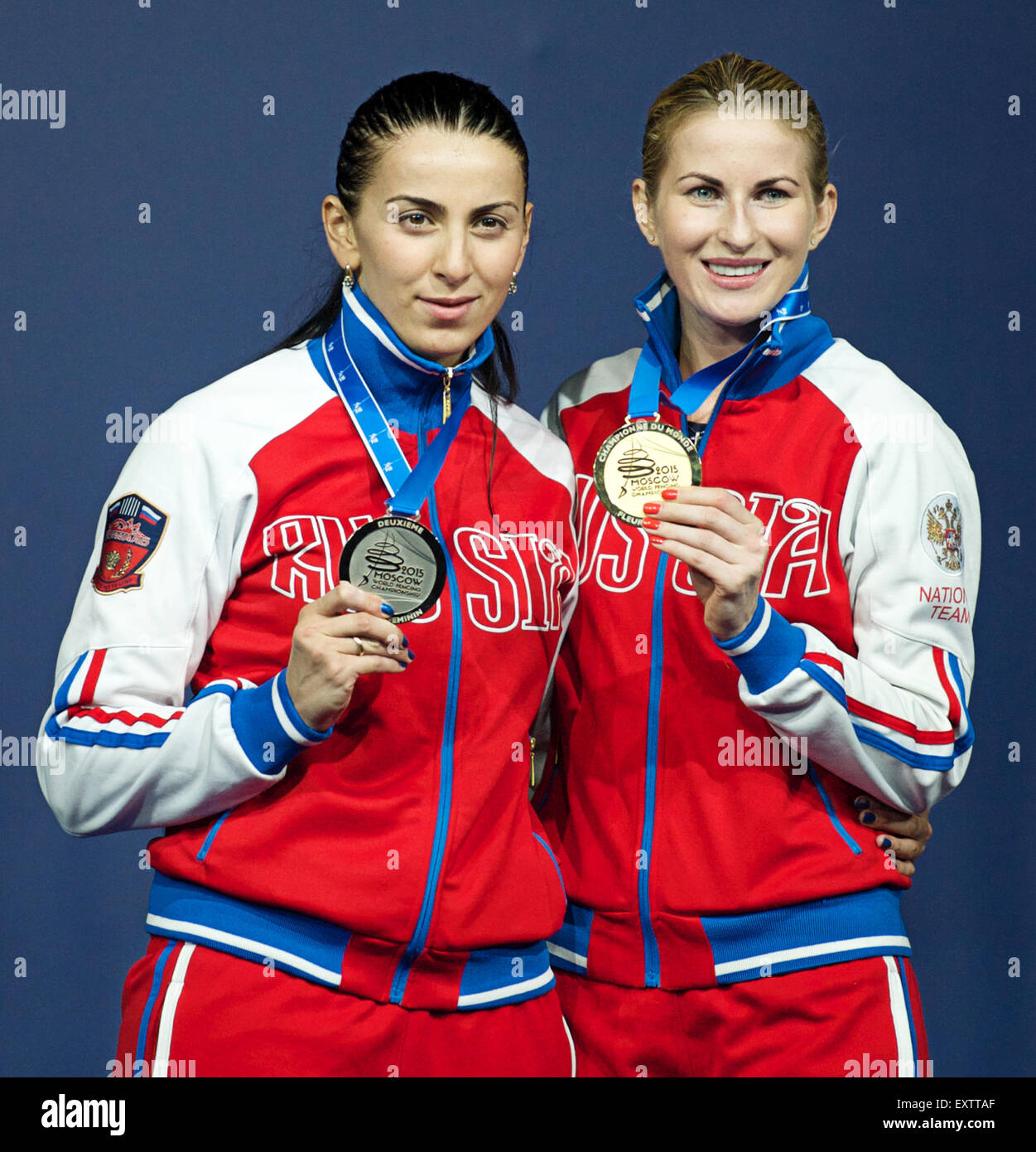 Moscow, Russia. 16th July, 2015. DERIGLAZOVA Inna of Russia (gold), .SHANAEVA Aida (silver) with medals during the women's Individual Foil Fencing match. Day 4th of the 2015 World Fencing Championships in Moscow, Russia. © Anna Sergeeva/ZUMA Wire/Alamy Live News Stock Photo