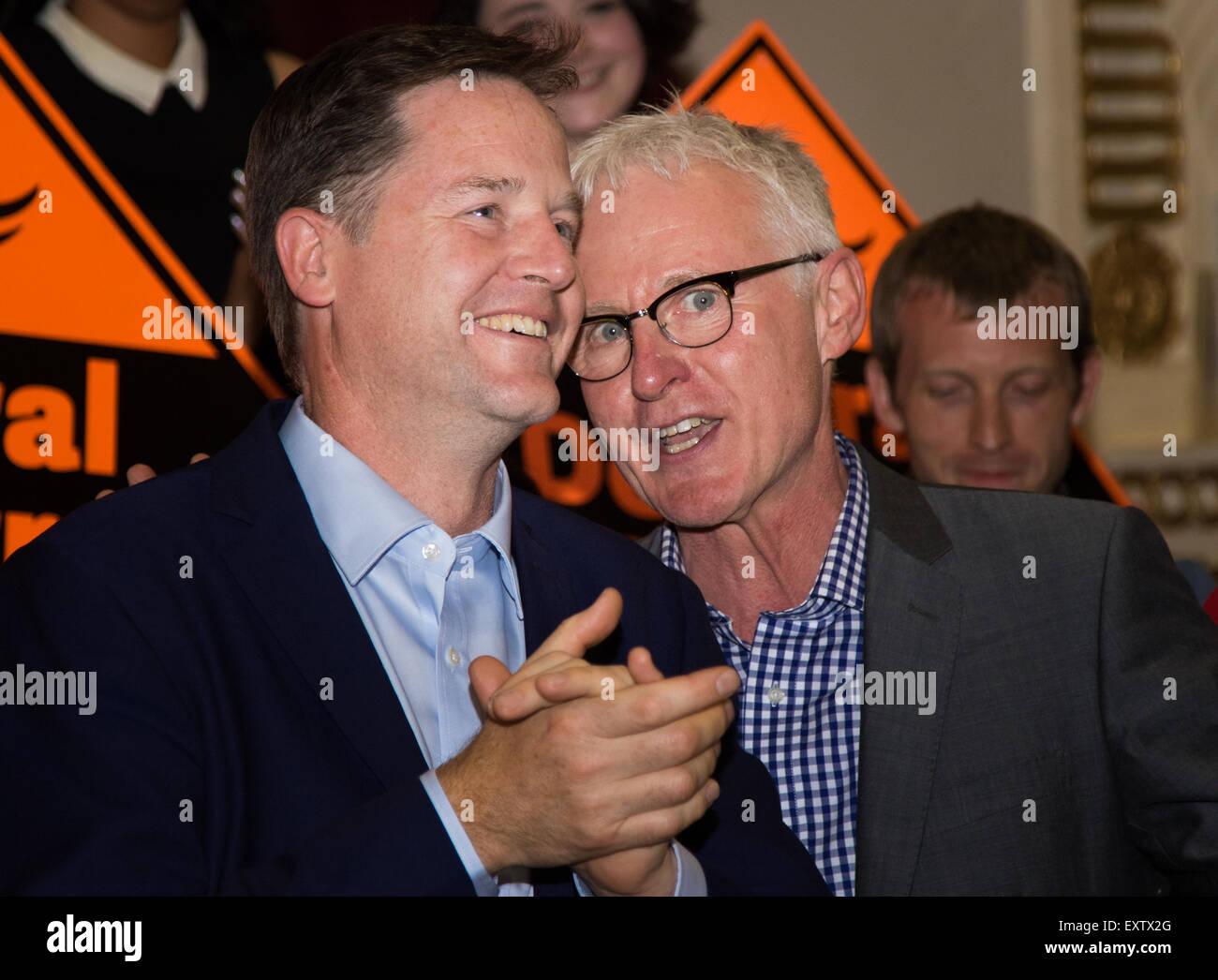 Islington Assembly Hall, London, July 16th 2015. The Liberal Democrats announce their new leader Tim Farron MP who was elected by party members in a vote against Norman Lamb MP. PICTURED: Former LibDem leader and Deputy Prime Minister Nick Clegg and Norman Lamb MP. Credit:  Paul Davey/Alamy Live News Stock Photo