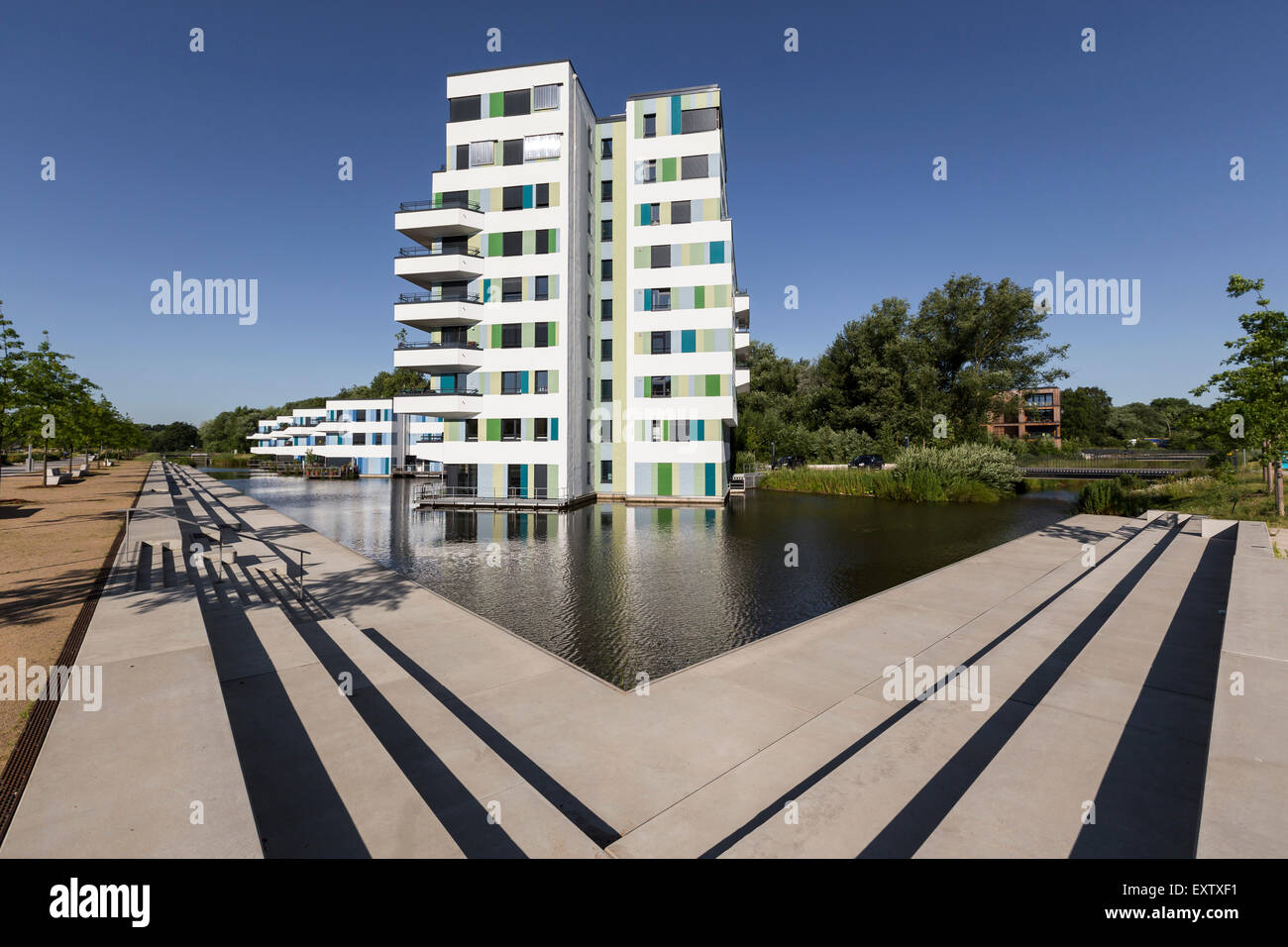 Modern apartment buildings in Hamburg in the middle of a water Stock Photo