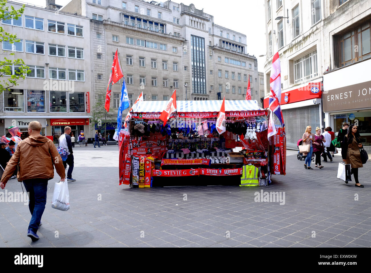 Liverpool prepares for Steven Gerrard's retirement with tributes, including commemorative clothing and a large painting featuring messages from Liverpool FC fans. Gerrard plays his last match for Liverpool on 16th May  Featuring: Atmosphere Where: Liverpo Stock Photo