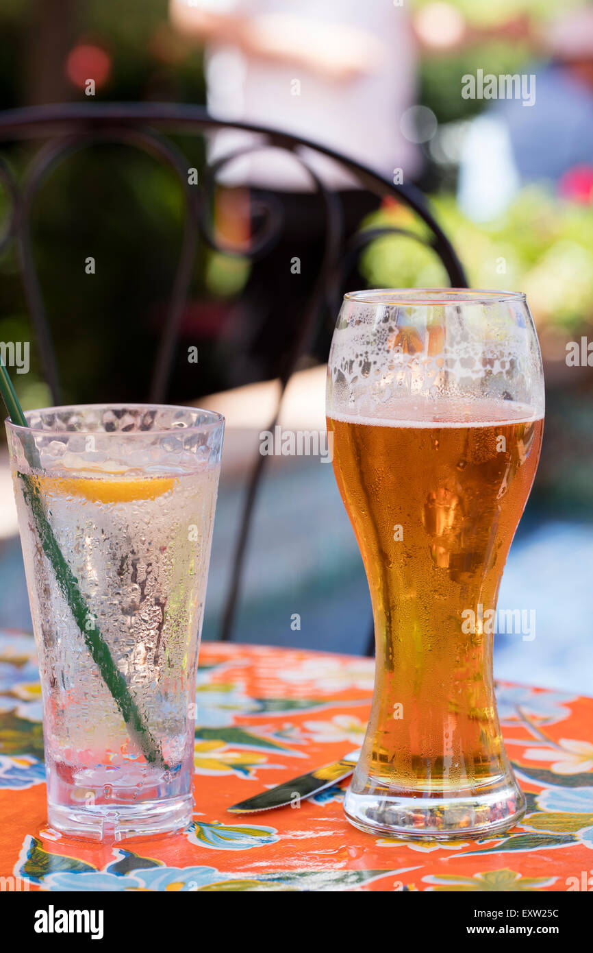 Refreshing beer ordered before dinner at a local restaurant Stock Photo ...