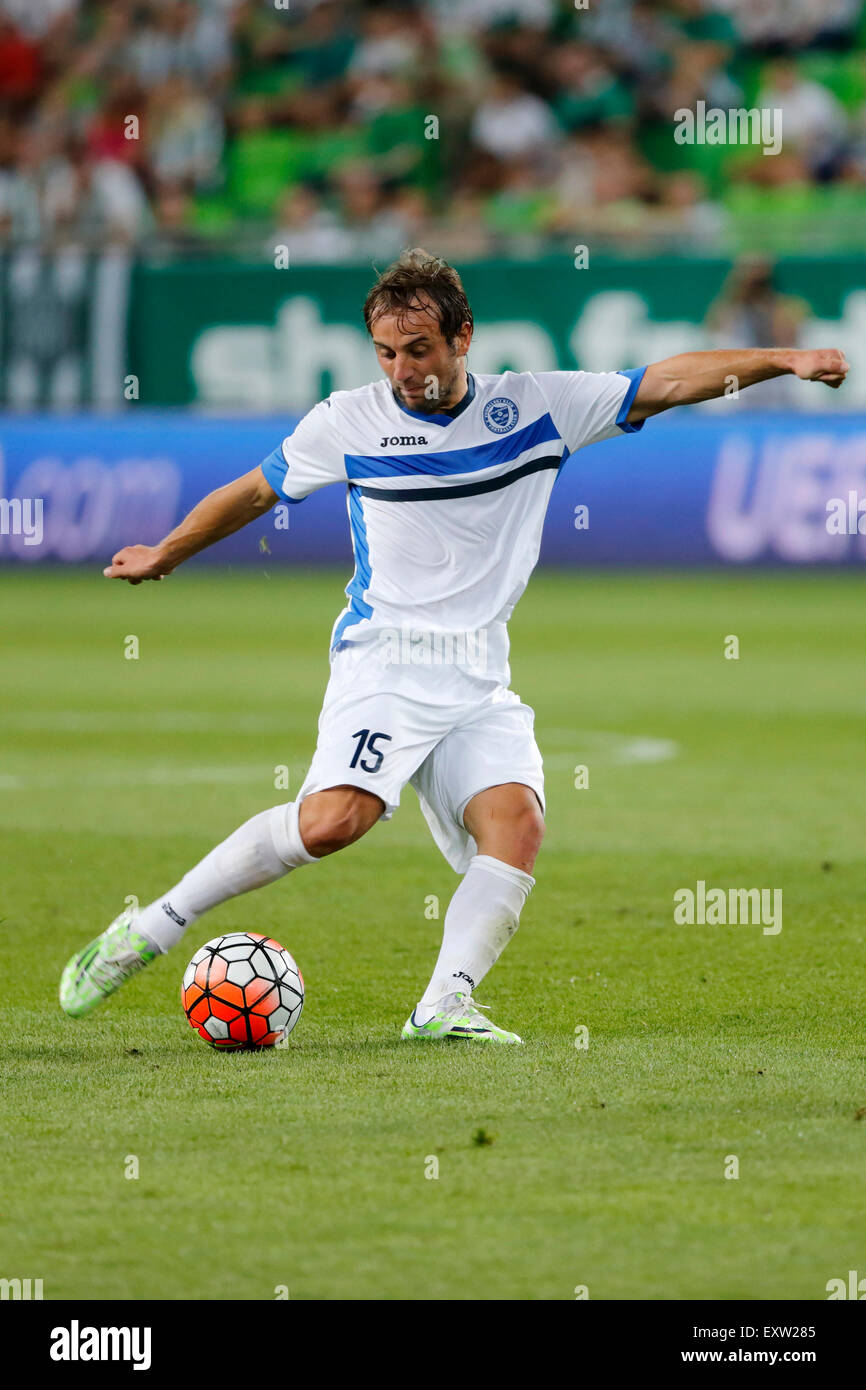 Budapest, Hungary. 16th July, 2015. Ognjen Djelmic of Zeljeznicar shoots on target during Ferencvaros vs. Zeljeznicar UEFA EL qualifier football match in Groupama Arena. Credit:  Laszlo Szirtesi/Alamy Live News Stock Photo