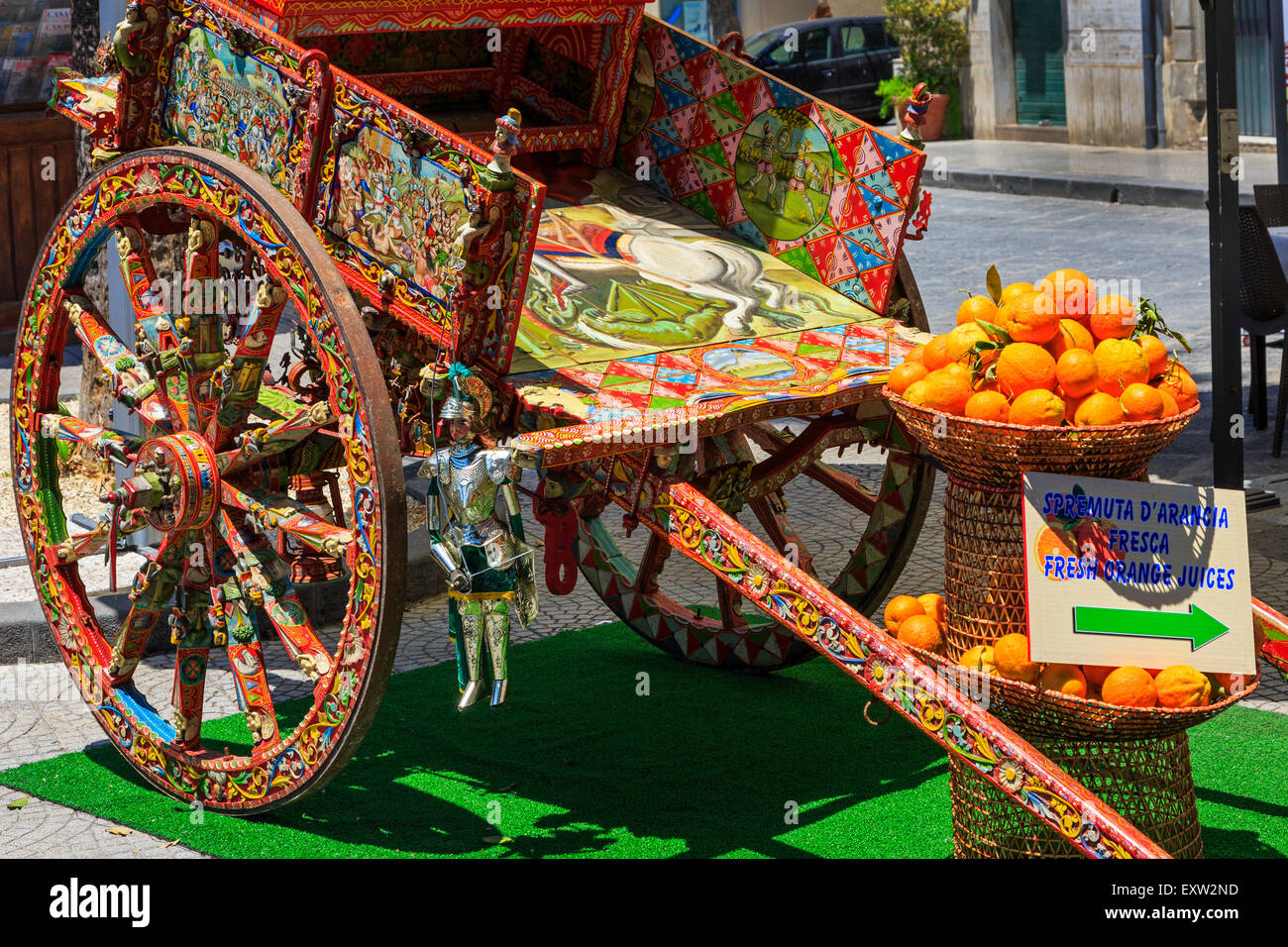 Traditional styled horse drawn cart advertising a local cafe, Syracuse city centre, Sicily, Italy Stock Photo