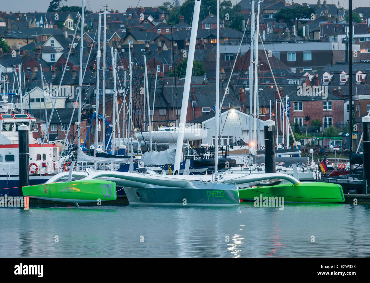 Cowes, Isle of Wight. 16th July, 2015. MOD70 Trimaran Phaedo 03, which set a new  record for the Pearns Point Round Antigua Race 2015, moored in Cowes, Isle of Wight, UK on Thursday, 16 July 2015. Credit:  Sam Kurtul / Alamy Live News Stock Photo