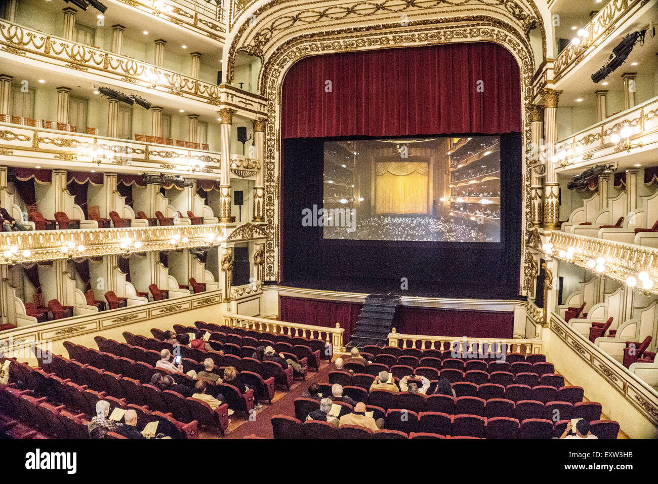 interior of Porfirian fin Parisian Belle Epoch style Teatro Macedonio de Alcala is appropriate setting for Metropolitan Opera Stock Photo