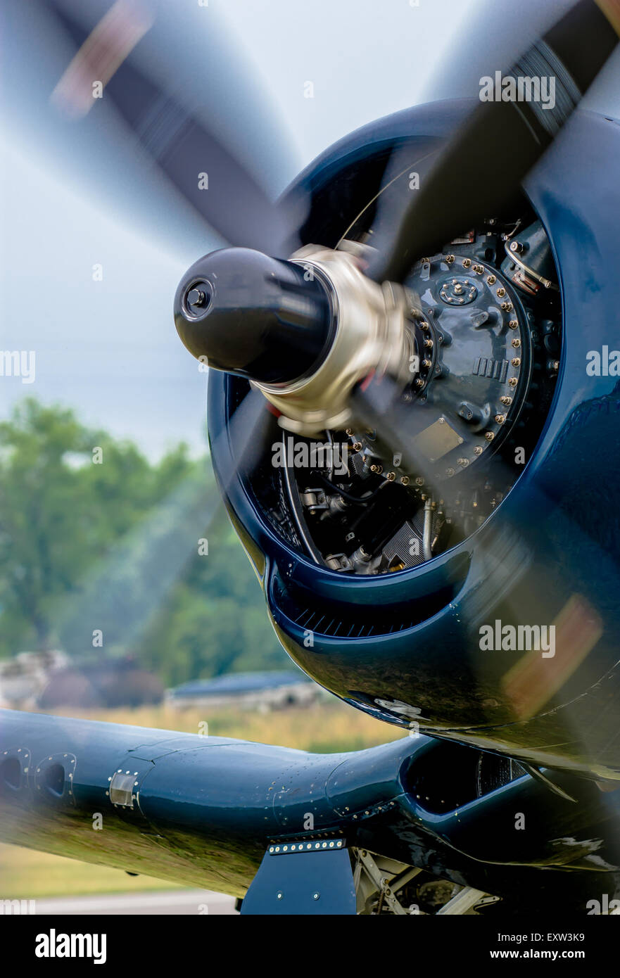 Powerful Rotating Propeller And Engine Of A Vintage Aircraft Stock