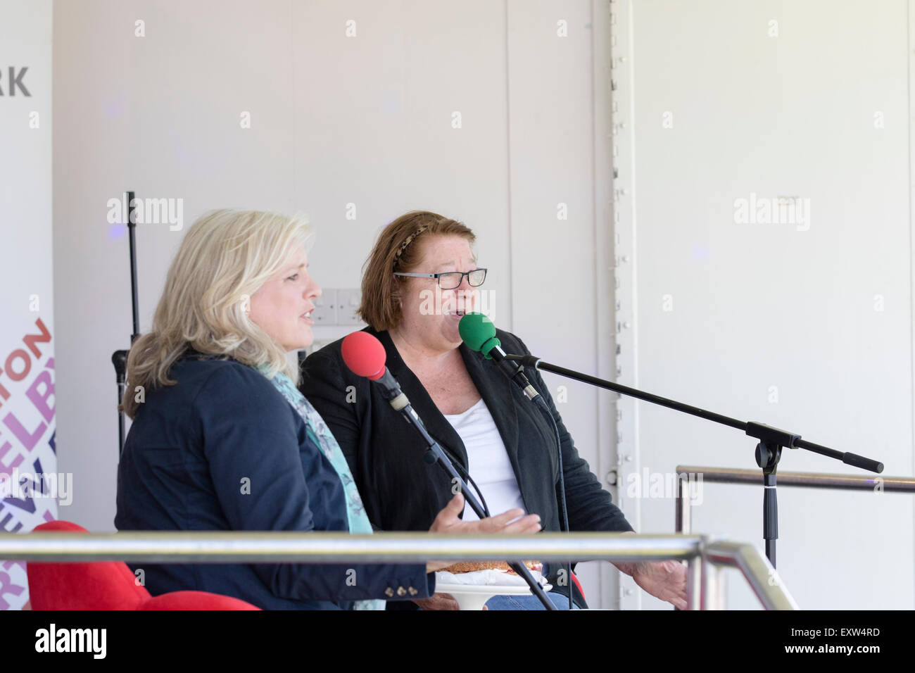 Harrogate, North Yorkshire, UK. 15th July, 2015 Rosemary Shrager being interviewed by  georgey spanswick on radio york at  The G Stock Photo