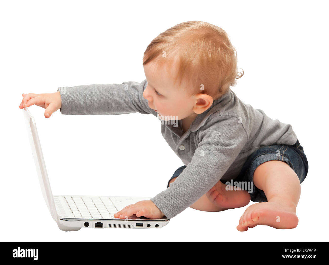 child with notebook isolated on white background Stock Photo