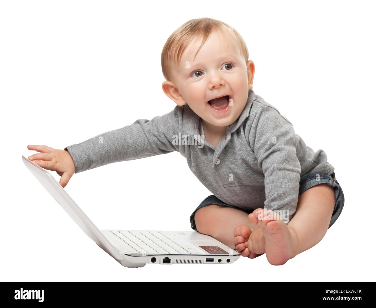 child with notebook isolated on white background Stock Photo