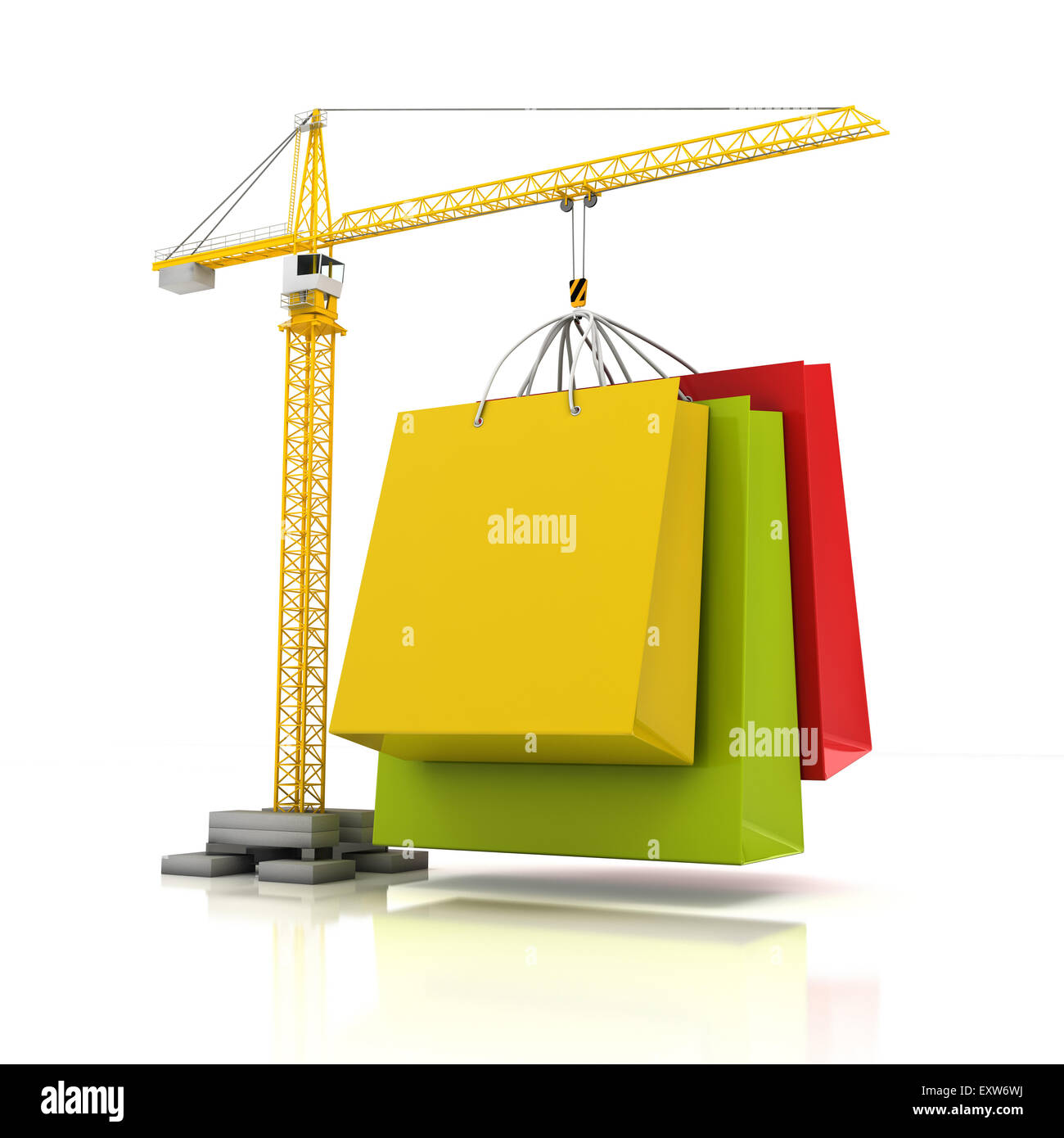 Colourful shopping bags with crane, 3d render Stock Photo