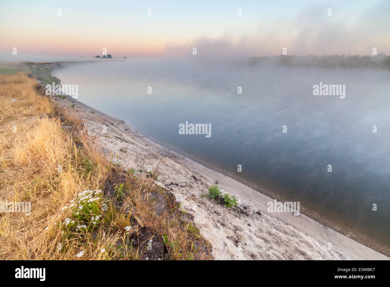 summer sunrise over the river with a fog Stock Photo - Alamy
