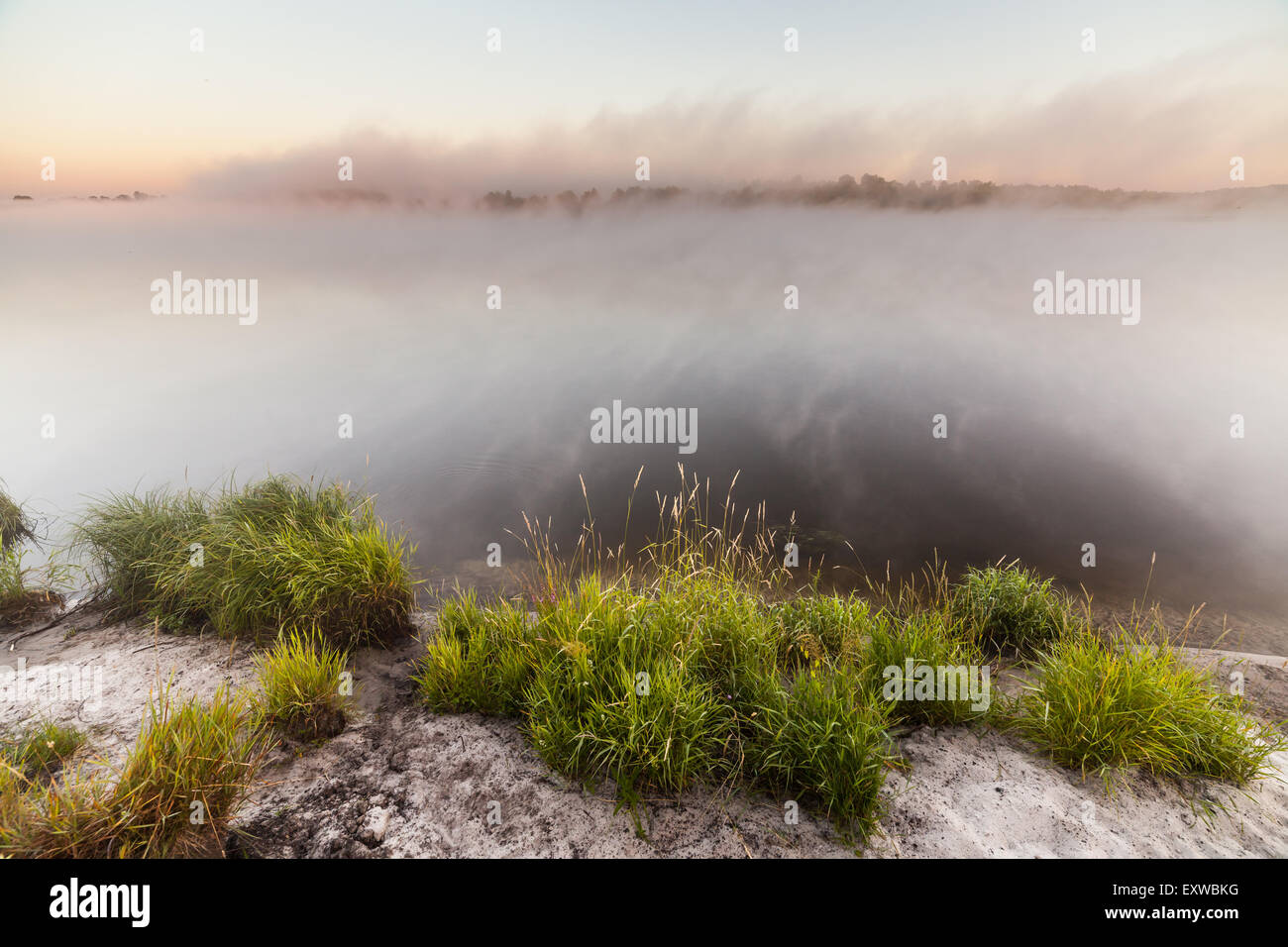 summer sunrise over the river with a fog Stock Photo - Alamy