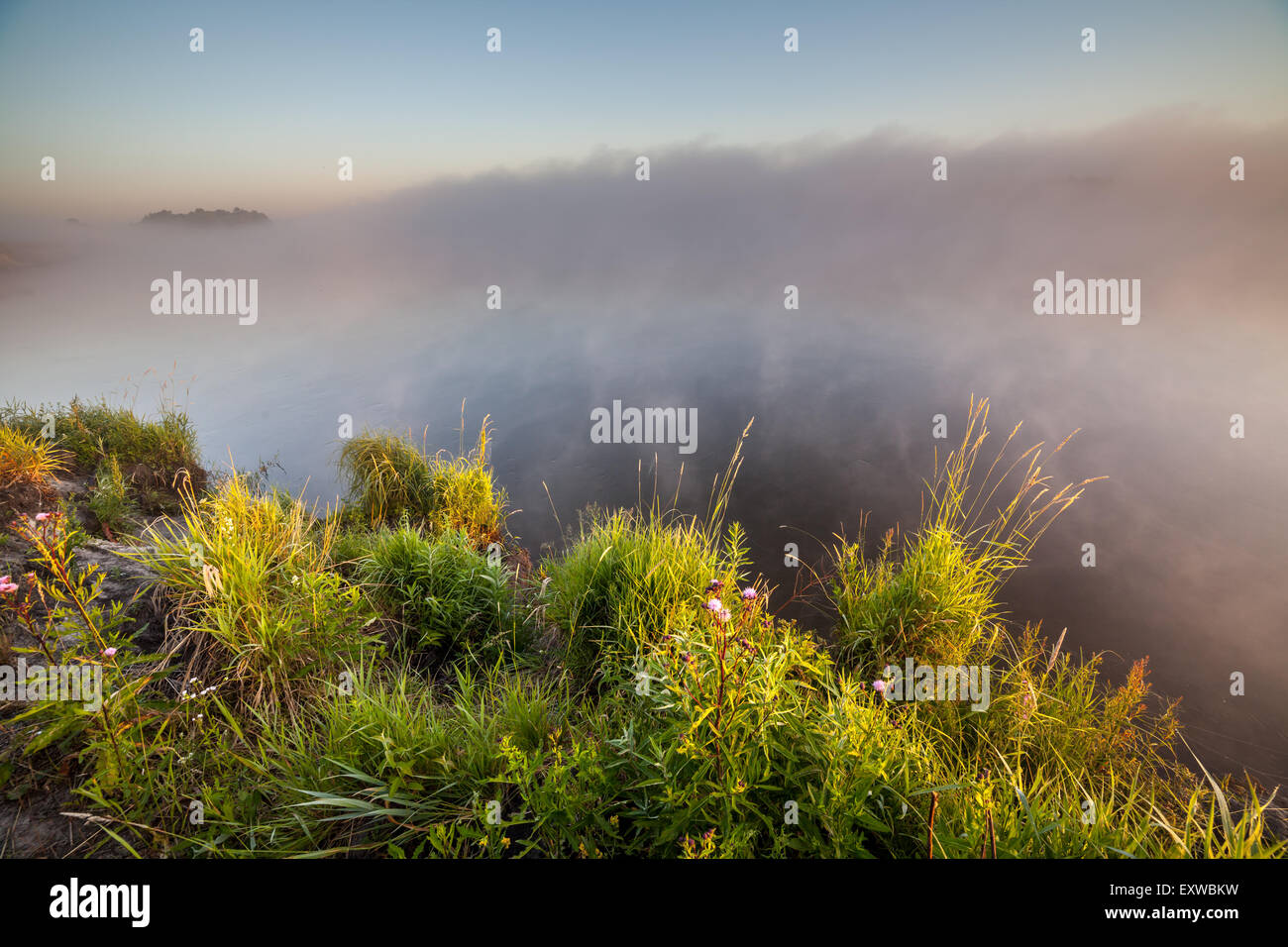 summer sunrise over the river with a fog Stock Photo - Alamy