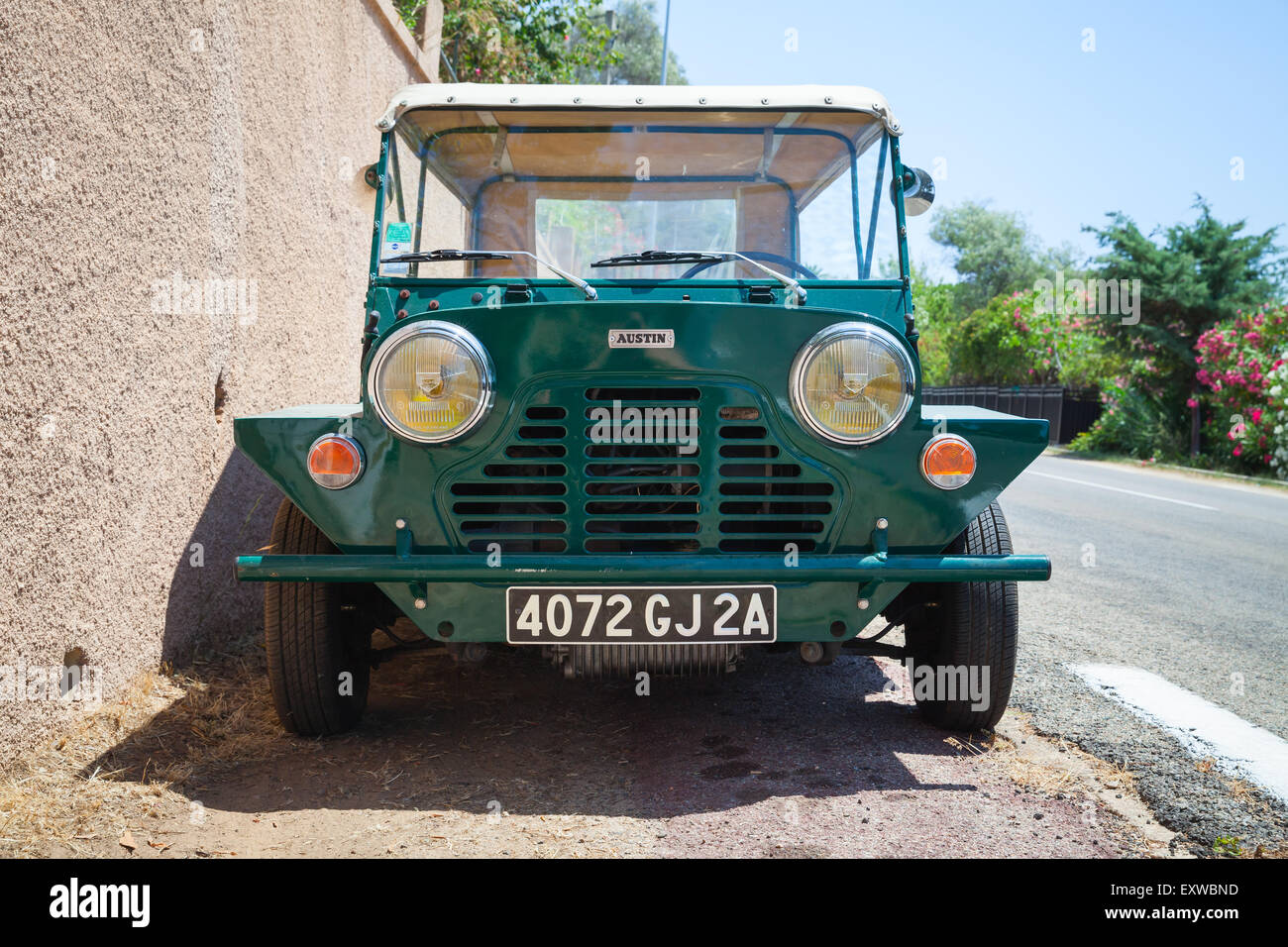 Ajaccio, France - July 7, 2015:  Austin Mini Moke 1967, vehicle based on the Mini designed for the British Motor Corporation BMC Stock Photo
