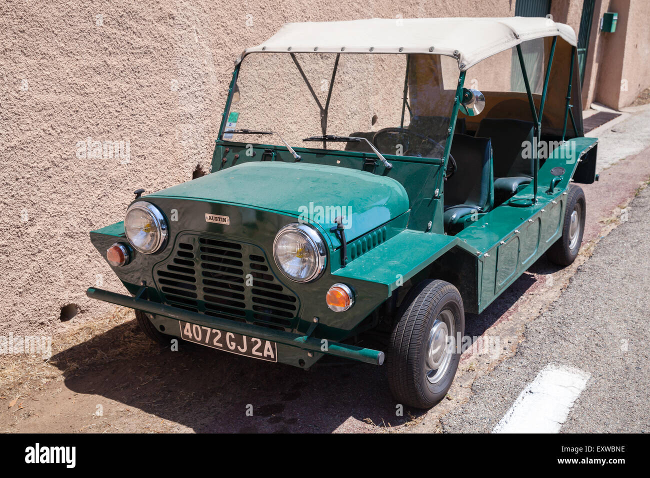 Ajaccio, France - July 7, 2015:  Austin Mini Moke 1967, vehicle based on the Mini designed for the British Motor Corporation BMC Stock Photo