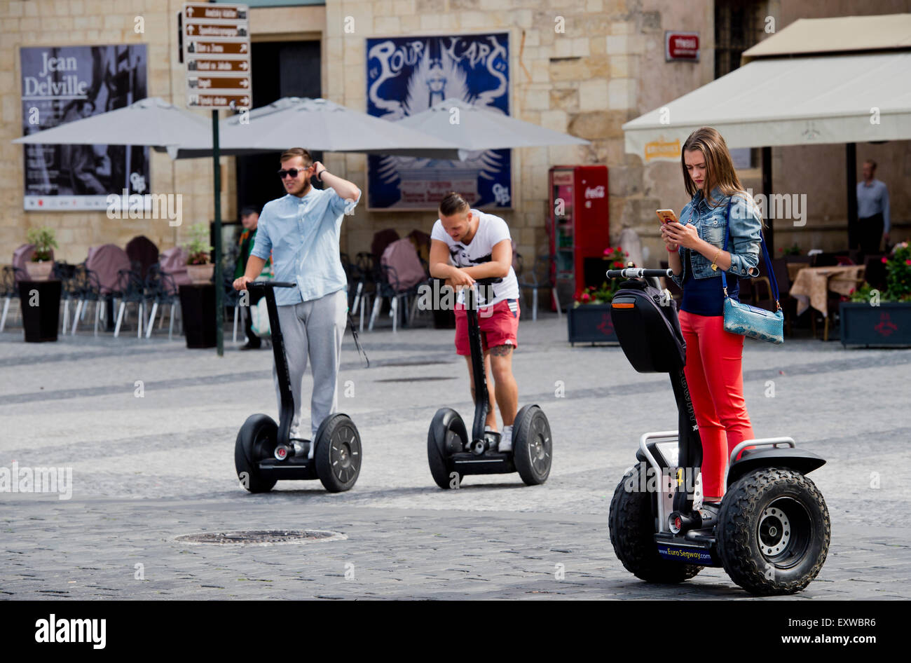 Tourists on two-wheeled electric vehicle segway at Old Town Square, Prague, Czech Republic, on Thursday, July 16, 2015. (CTK Photo/Vit Simanek) Stock Photo