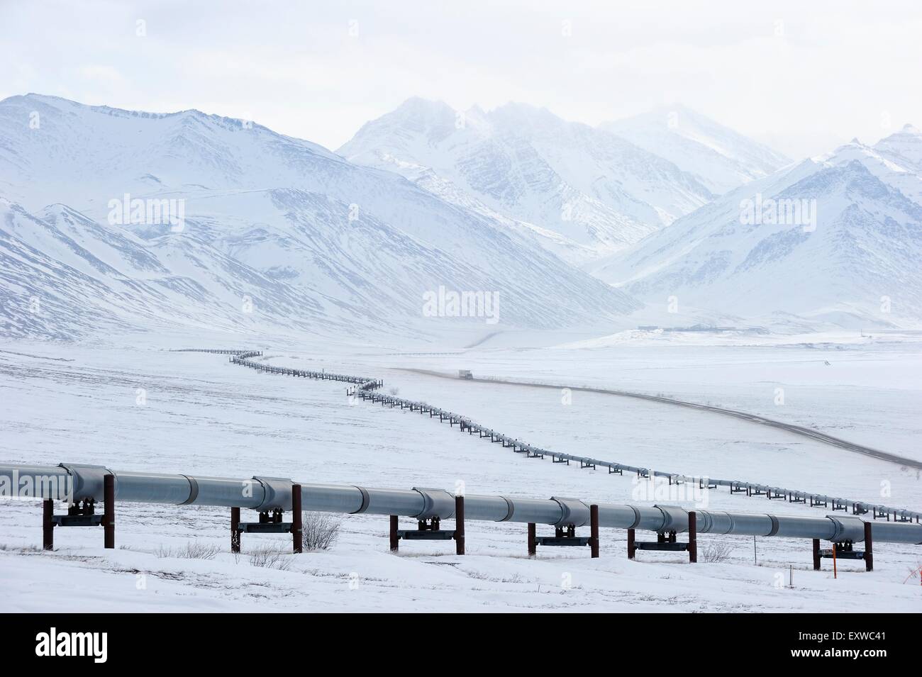 Oil pipeline from Prudhoe Bay to Valdez in the Arctic winter along the