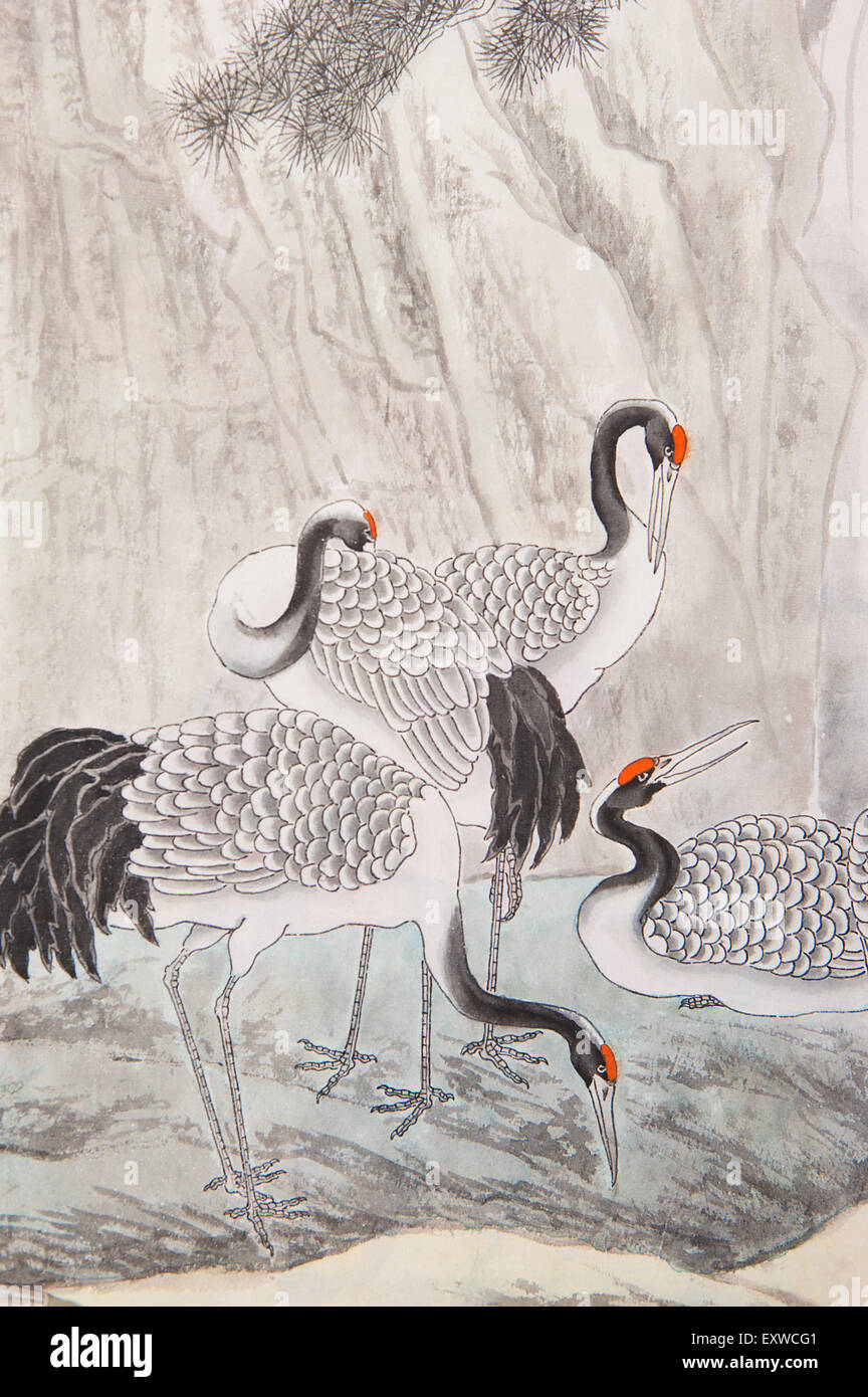 Traditional Chinese Painting, Bird, Crane, Stock Photo