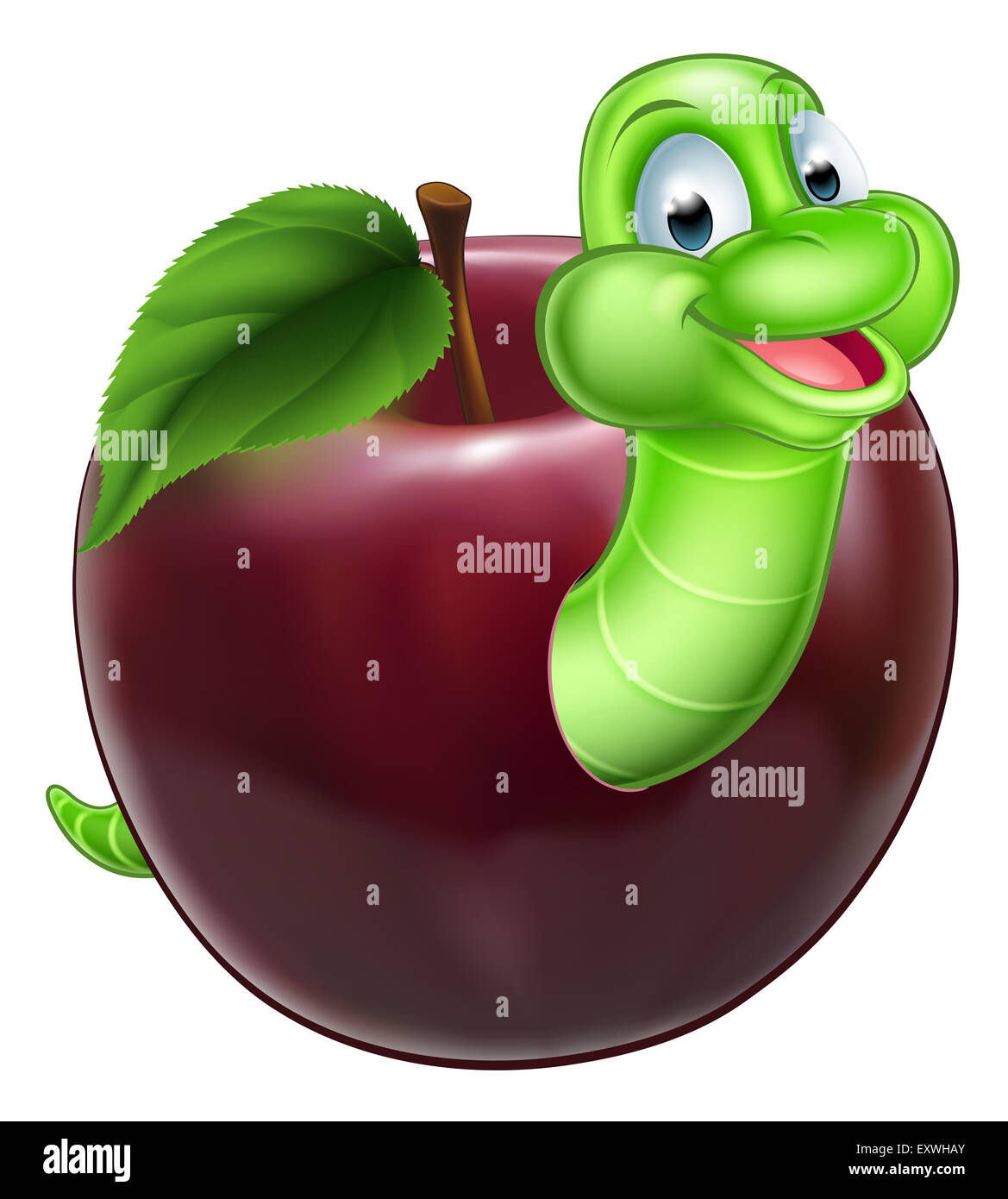 An illustration of a happy cute cartoon green caterpillar worm mascot coming out of an apple Stock Photo