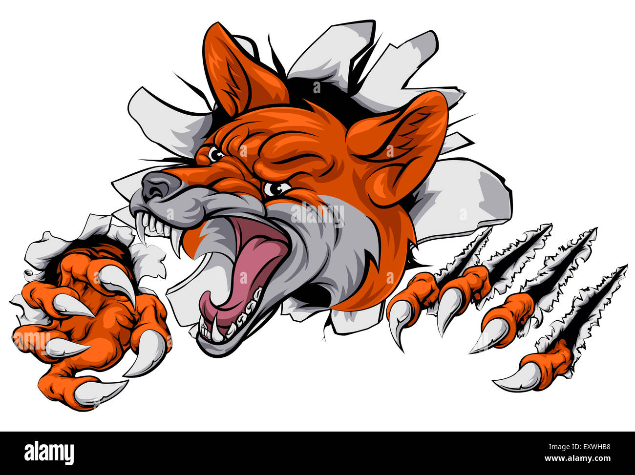 An illustration of a fox animal sports mascot cartoon character tearing through background Stock Photo