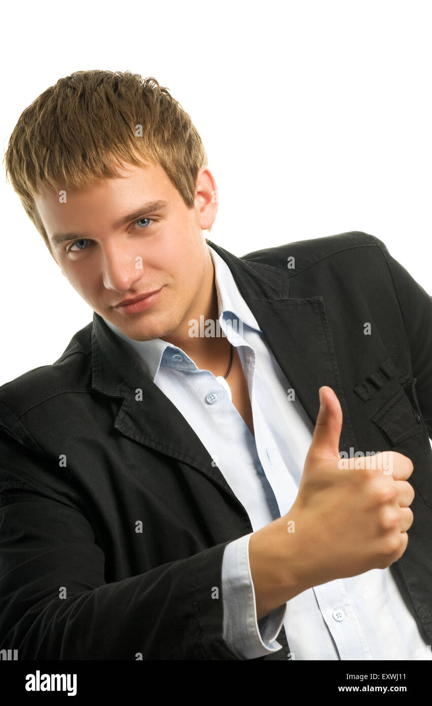 Handsome young man showing ok gesture. Isolated on white background ...