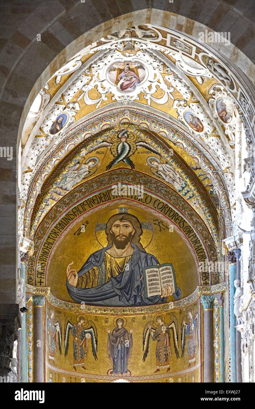 Mosaic of Jesus Christ, Cathedral of Cefalù, Cefalu, Sicily, Italy, Europe Stock Photo