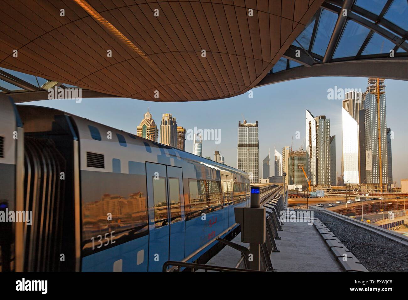 New Metro line in front of Finance Center in Dubai Stock Photo