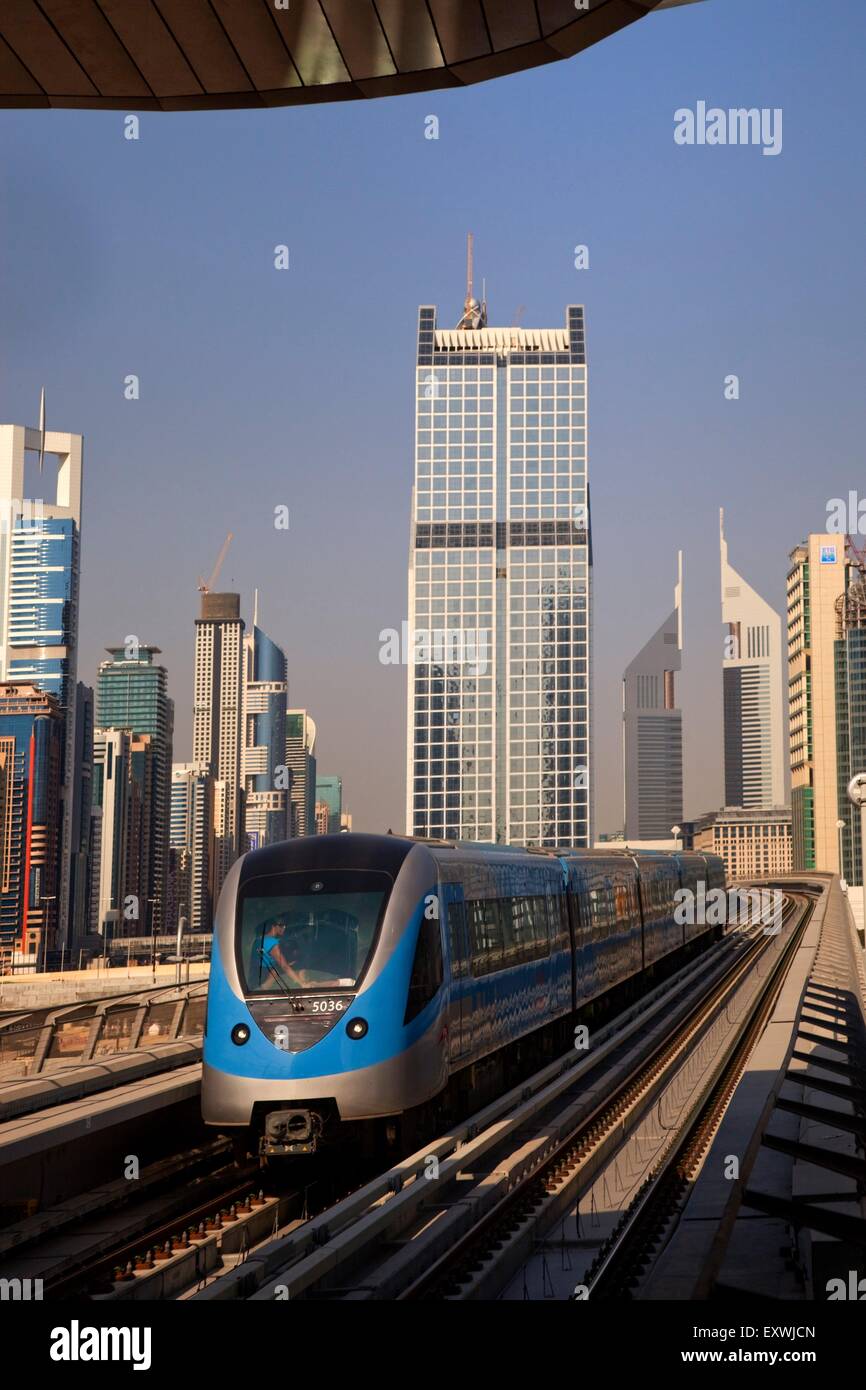 New Metro line in front of Finance Center in Dubai Stock Photo