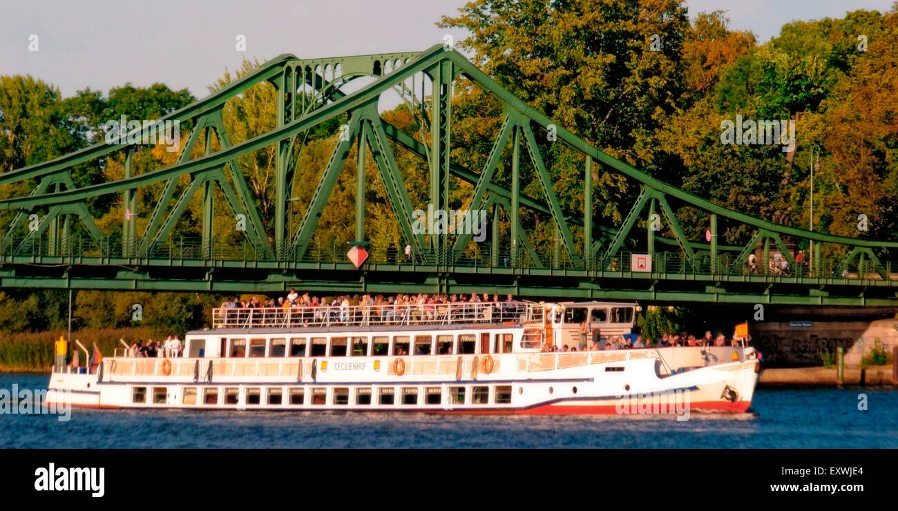 Tourboat on Havel at Glienicker Bridge, border Berlin Brandenburg, Germany Stock Photo