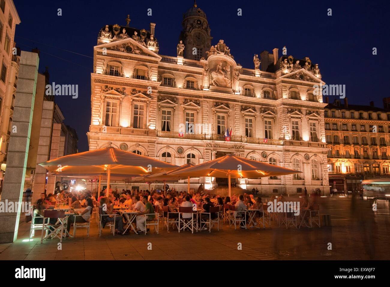 Place des Terreaux with town hall at night, Lyon, Rhone Alps, France Stock Photo