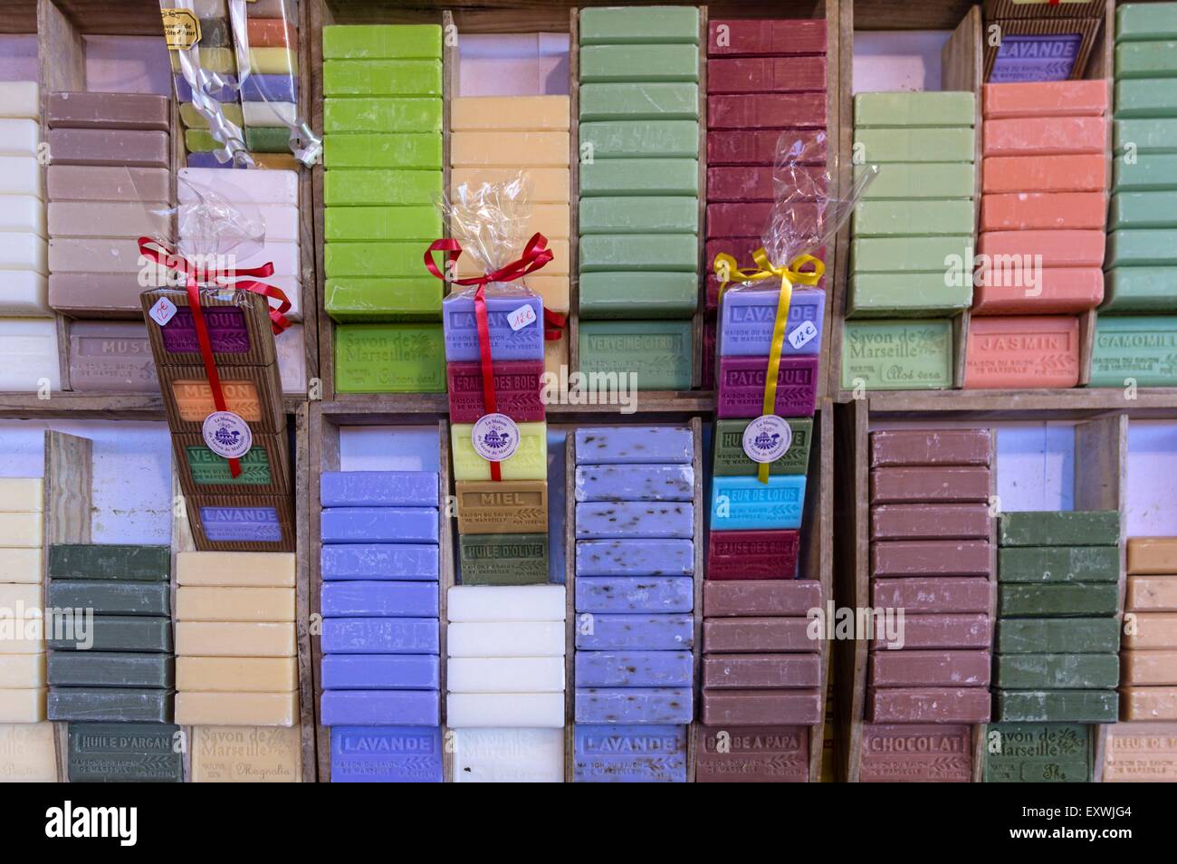 Lavendel soap at market stall, Cours de Saleya, Nice, France Stock Photo