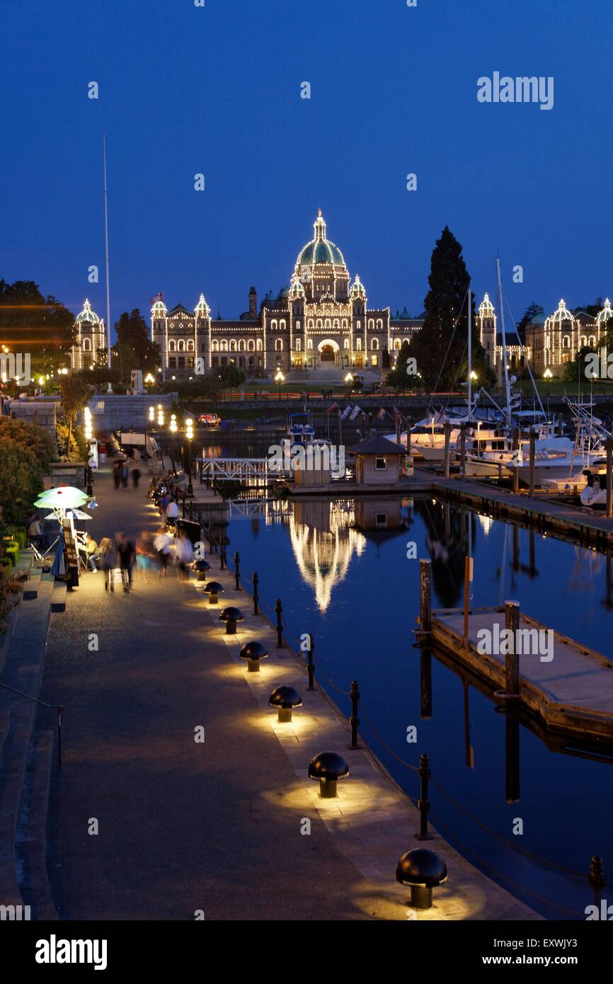 Victoria harbour and illuminated parliament at night, Vancouver Island, Canada Stock Photo