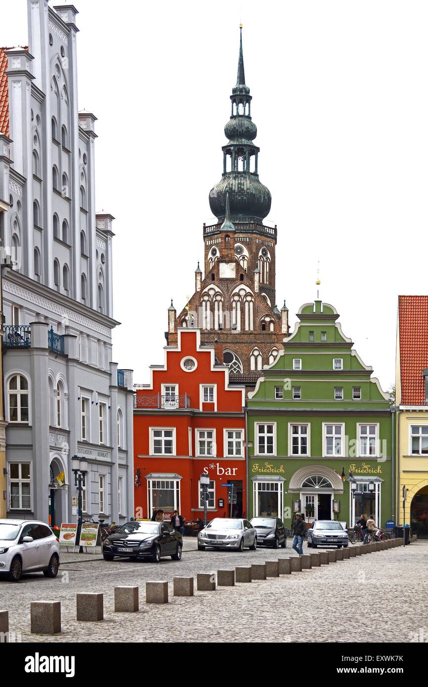Cathedral St. Nikolai and gabele houses, Mecklenburg-Western, Pomerania, Germany, Europe Stock Photo